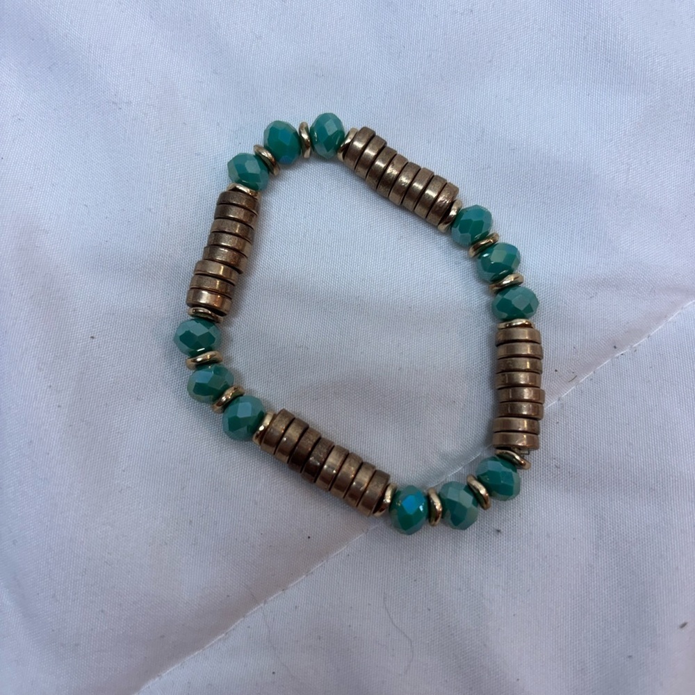 Elegant Gold Colored and Aqua Beaded Stretch Bracelet